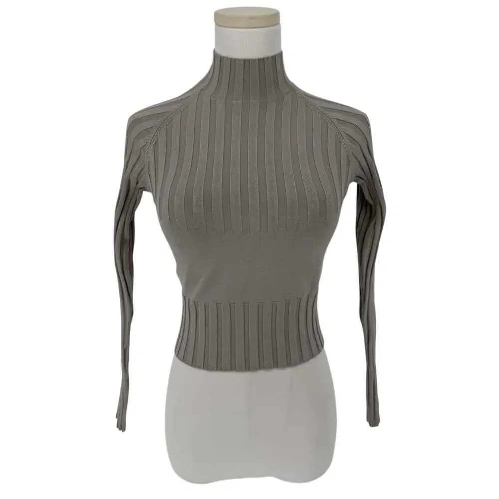 Y2K Vintage Grey Silk Blend Crop Top Long Sleeve Turtleneck Sweater L Casual